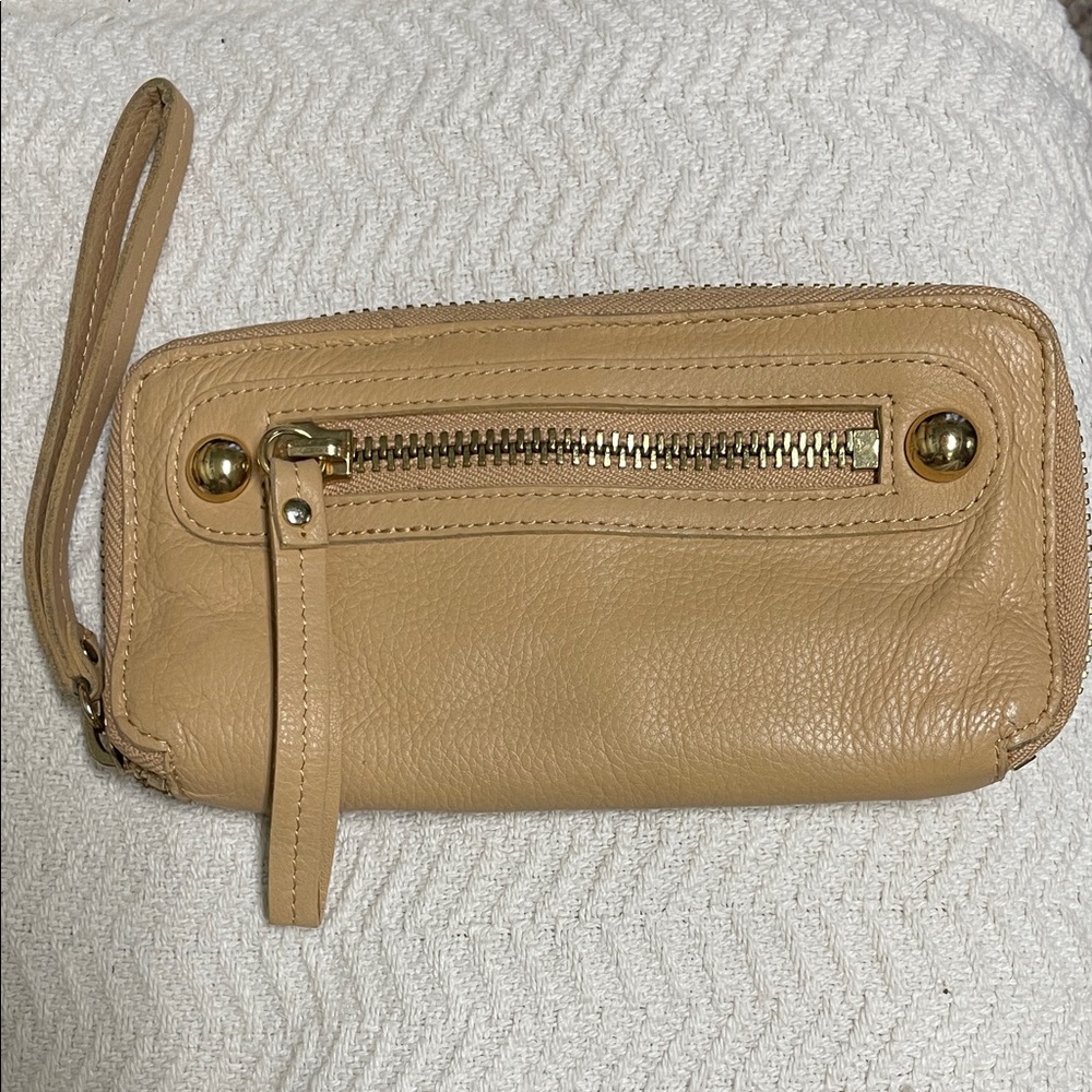 Linea pelle Tan Leather Wristlet wallet with gold hardware and zip front pocket